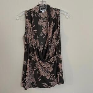 Cabi Brown and Pink Sleeveless Floral Cross front Wrap Style Blouse Top